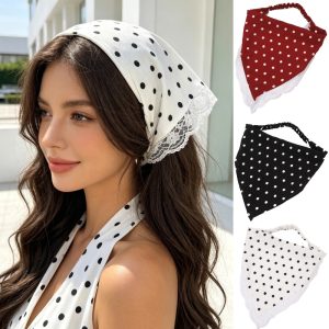1pc New Style Lace Trim Polka Dot Stretch Triangle Bandana, Women's Stretchy Elastic Hair Tie, One Size Fits All Head Circumference, Versatile and High-End Looking Triangle Headscarf