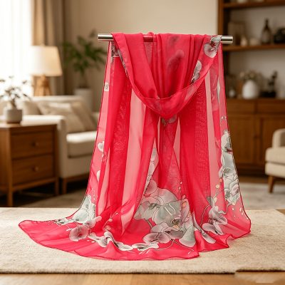 Spring Summer Women'S Fresh Orchid Print Chiffon Long Scarf Neck Scarf Shawl, Lightweight Flowing with Gentle Aura, Good Drape And Non-Stuffy, Suitable for Commute Shawl, Daily Matching, Vacation Outerwear, Easily Creating Gentle Fresh Look