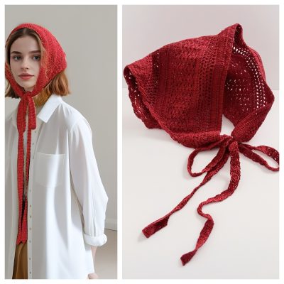 Vintage Red Triangle Tie Hollow Design Headscarf Hair Band Decorative Butt Flap