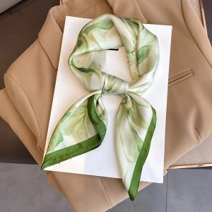 A Women'S Stylish Green Floral Square Scarf - a Printed Floral Satin-Like Scarf And Hair Accessory - Suitable for Everyday Wear, Casual Outings, Parties, Events, Outdoor Photography, And Fashion Additions