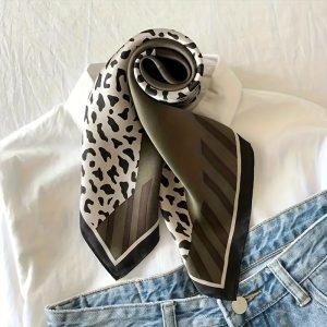 1u002F2pcs Olive Green, Brown, and Leopard Print Bohemian Style Women's Square Scarf - Polyester Neck Accessory | Breathable Design, Suitable for Business Meetings, Casual Travel, and Festive Occasions | Multifunctional Fashion Scarf