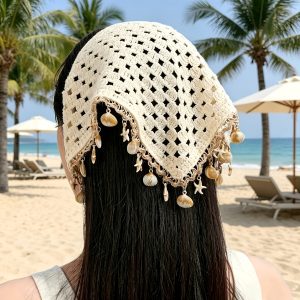 1pc Bohemian Style Korean Version Hollow-Out Seashell Tassel Scarf for Women, Summer Decorative Scarf, Multi-Functional Layering Shawl, Beaded Tassel Jeans Hem Cover, Korean-Style Triangle Bandana Accessory for Women, Beige Ocean Seashell Tassel