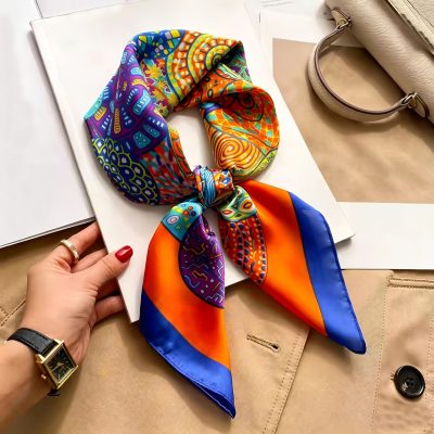 Bohemian Style Colorful Pattern Square Scarf, Multi-Functional Use as Headscarf, Neck Scarf, or Shawl, Satin y Material, Ideal for Holiday Gifting, Daily Outings, and Essential Fashion Accessory
