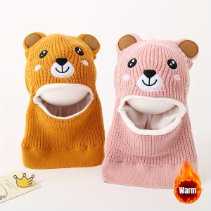 Kids' All-in-One Pullover Hat, Winter Baby Cartoon Warm Knitted Hat with Cute -Lined Scarf, Unisex Cute Windproof Ear Protection Hat