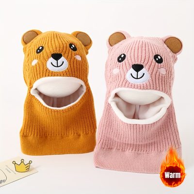 Kids' All-in-One Pullover Hat, Winter Baby Cartoon Warm Knitted Hat with Cute -Lined Scarf, Unisex Cute Windproof Ear Protection Hat